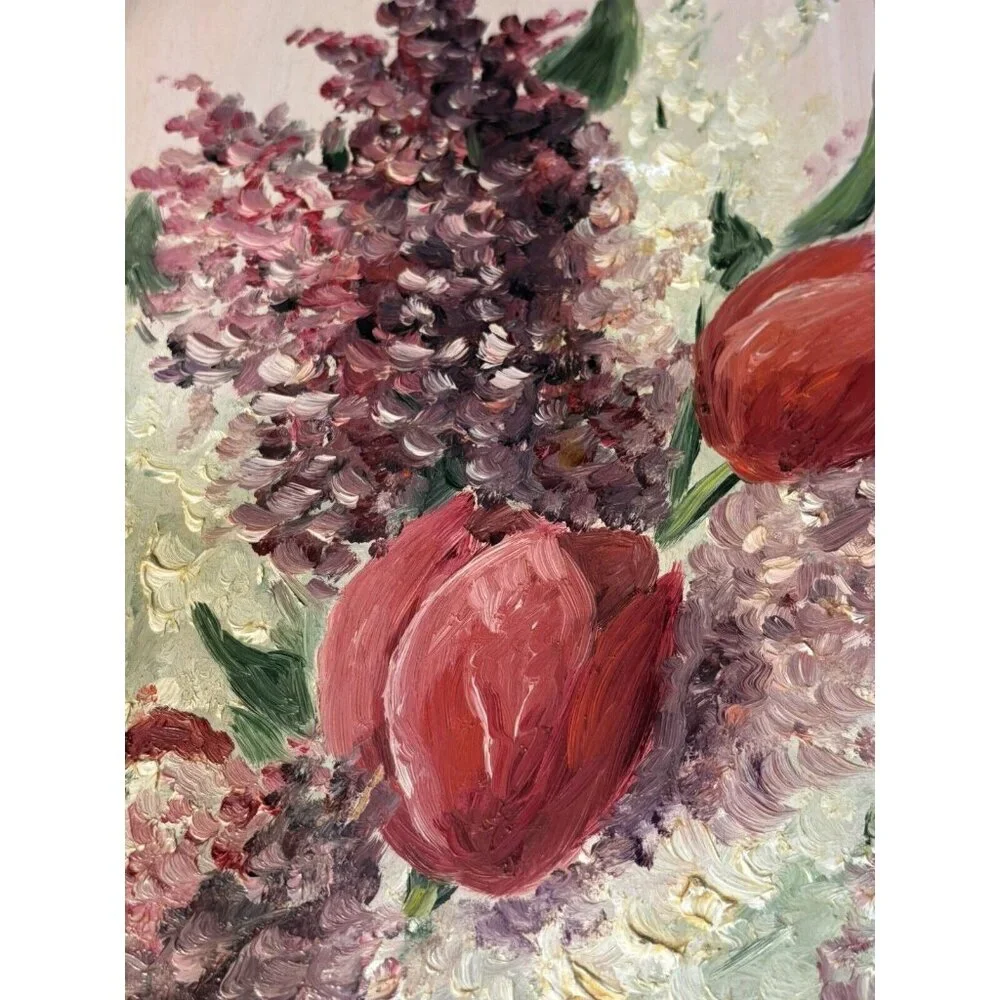 Vintage Oil on Board Mid Century BEAUTIFUL Floral Tulips Lilacs Wood Frame